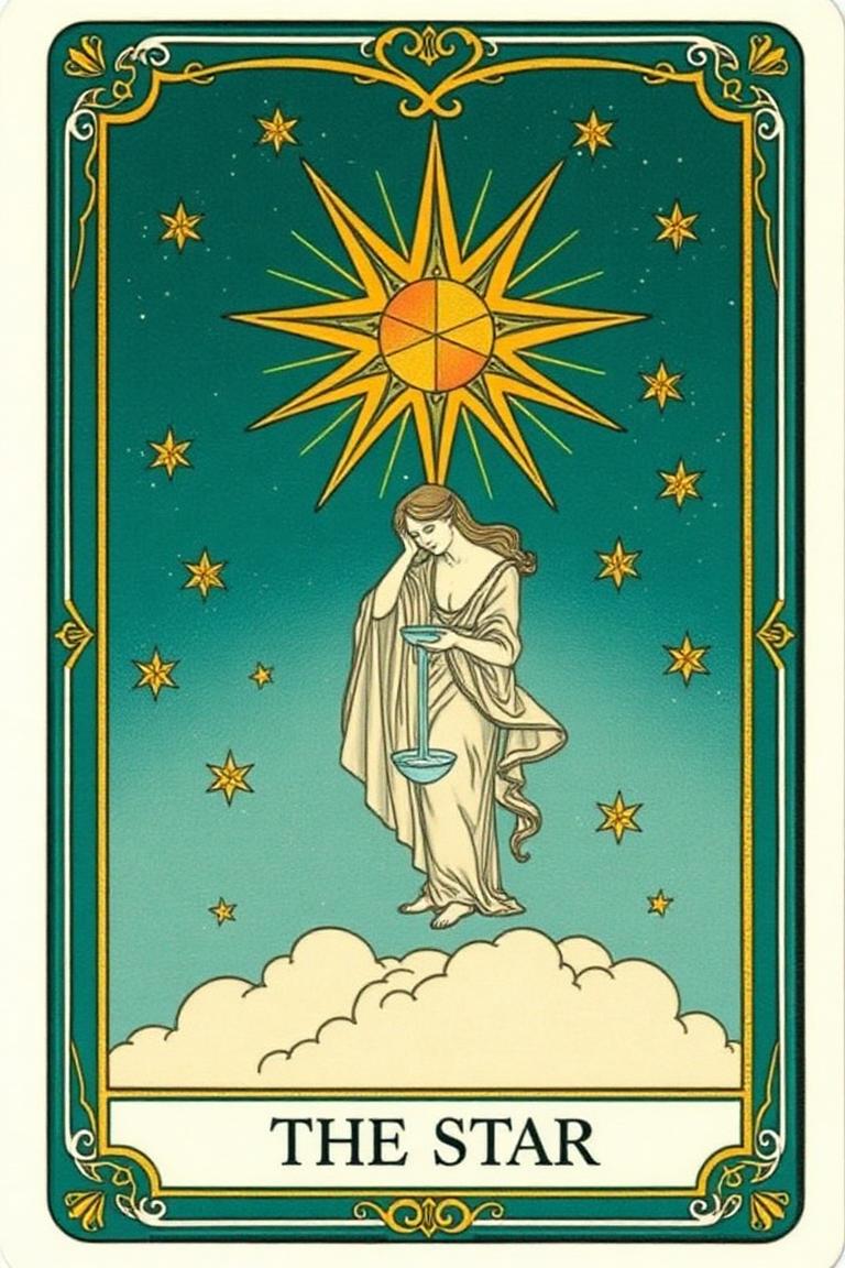 Carta de tarot A Estrela ilustrada em estilo art nouveau com tons de teal e dourado